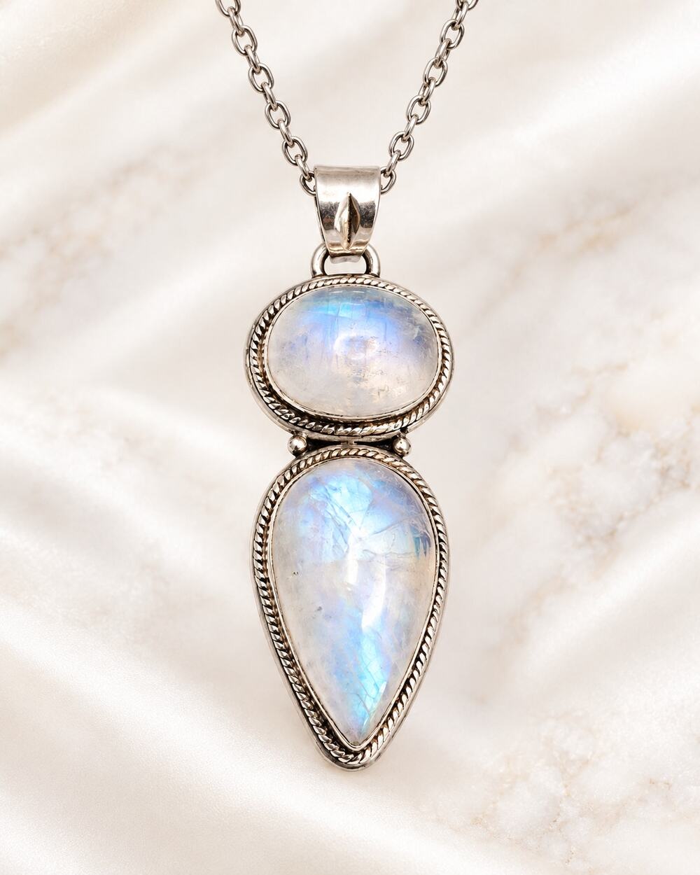Sterling Silver Rainbow Moonstone Necklace Double Stone Blue Flash Pendant